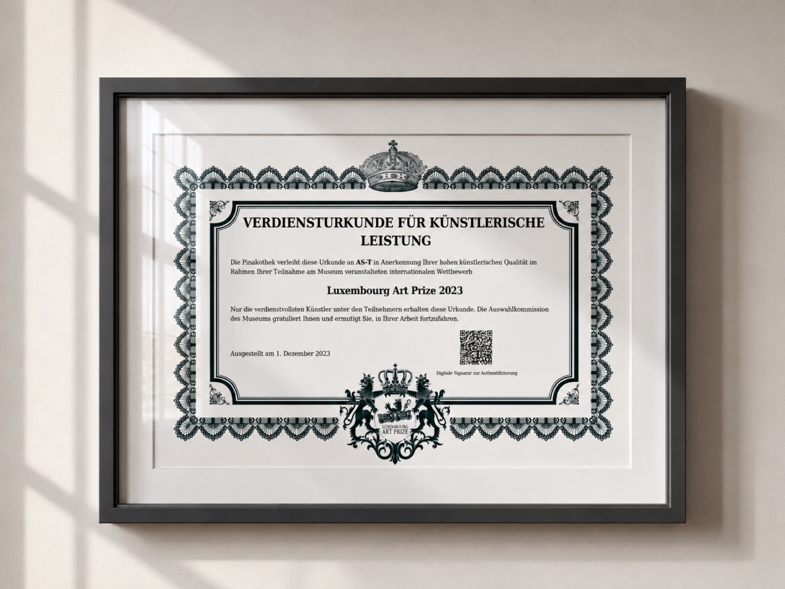 Certificate of artistic merit — Luxembourg Art Prize 2023, awarded to AS-T by the Pinakothek.