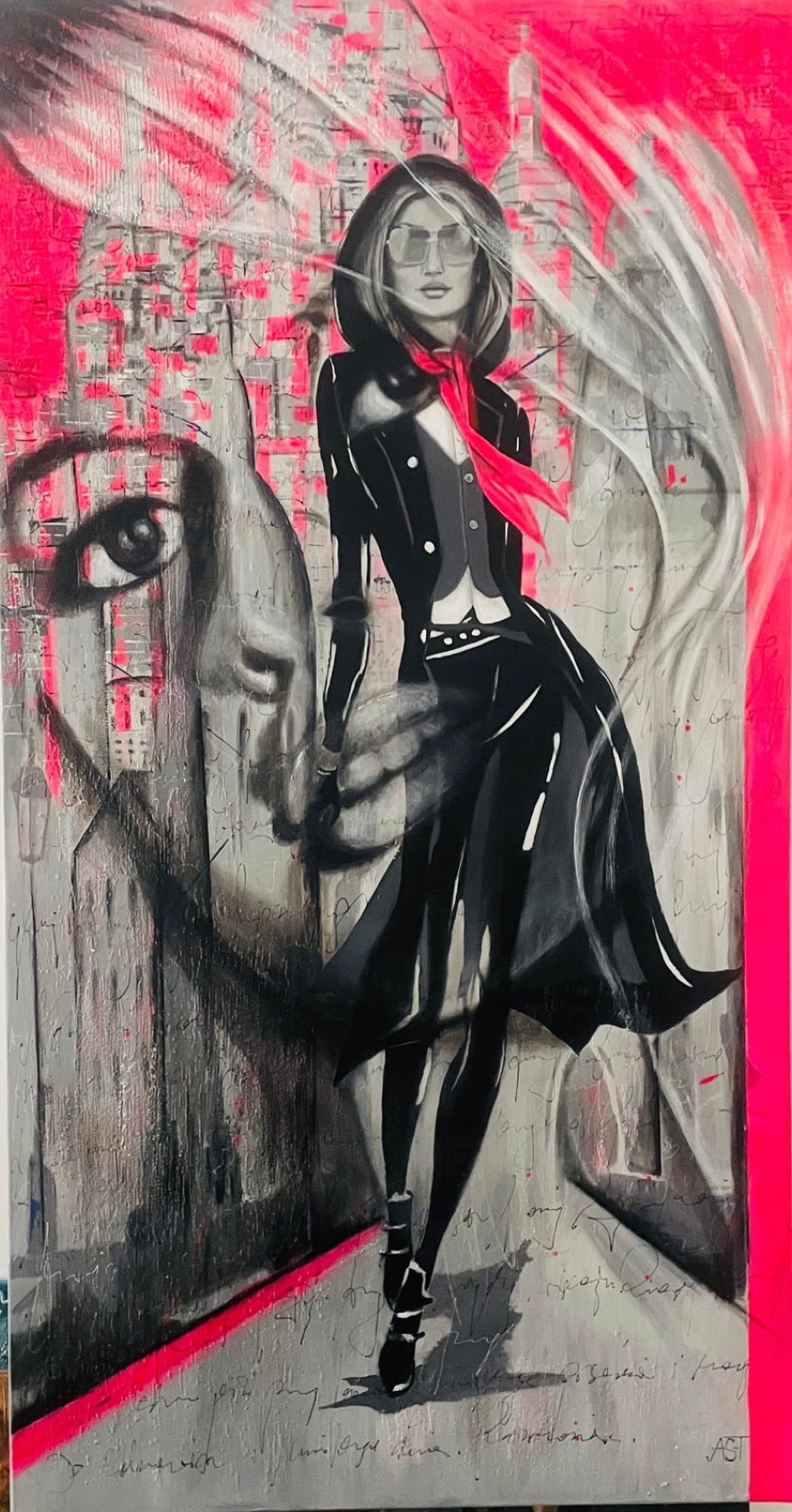 A woman in a black dress and sunglasses against a hot-pink and grey city.
