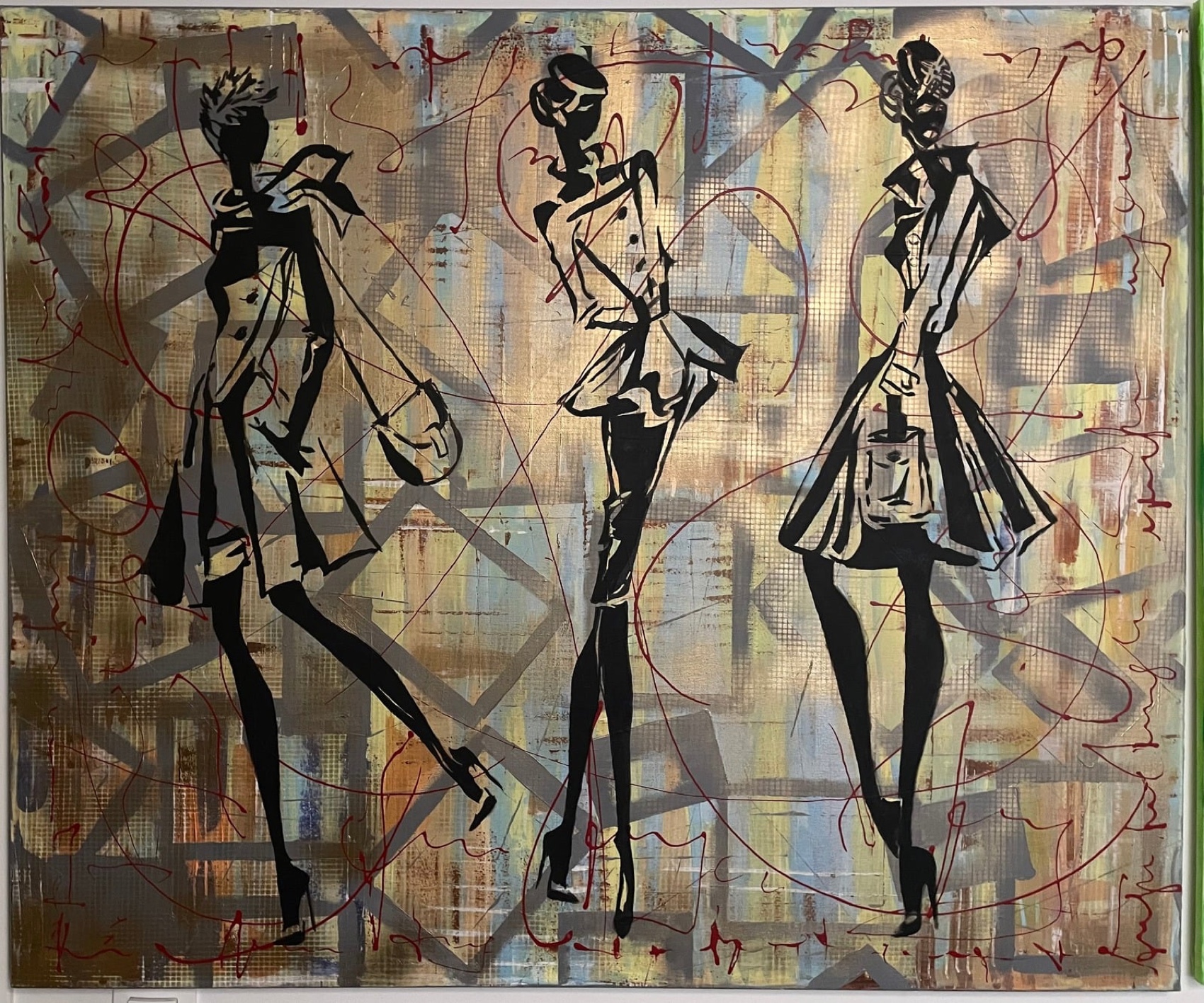 Three stylised black fashion figures over a gold and grey abstract ground.