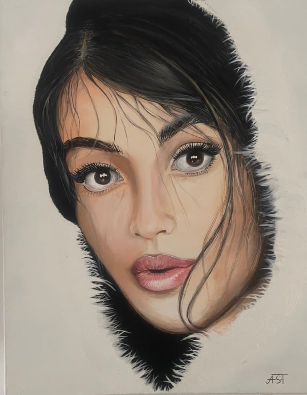 A young woman's face framed by a dark fur hood.